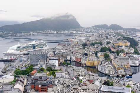 The city of Alesund where many tourist used to arrive in cruises. Charming and beautiful city in Norway